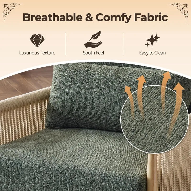 Cozy Chenille Accent Chair With Pillow And Rattan Arms