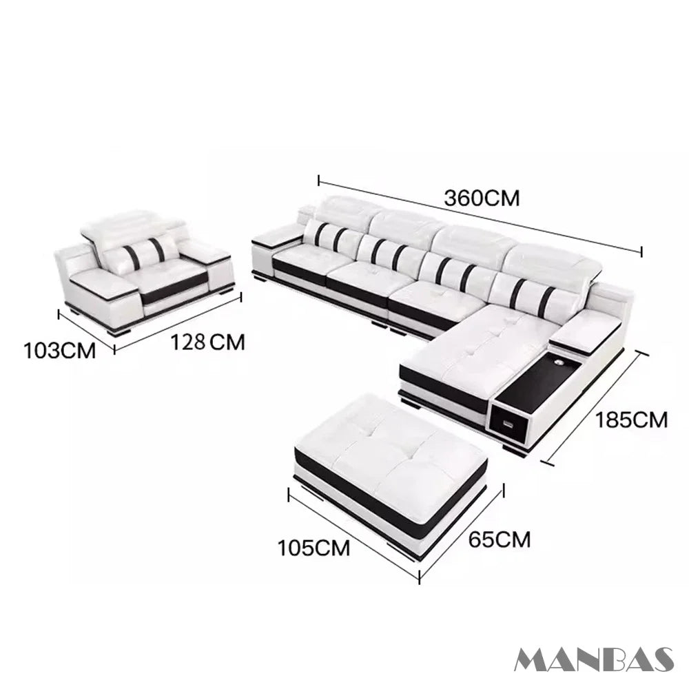 MANBAS Genuine Leather Sofa With Bluetooth USB Headrests