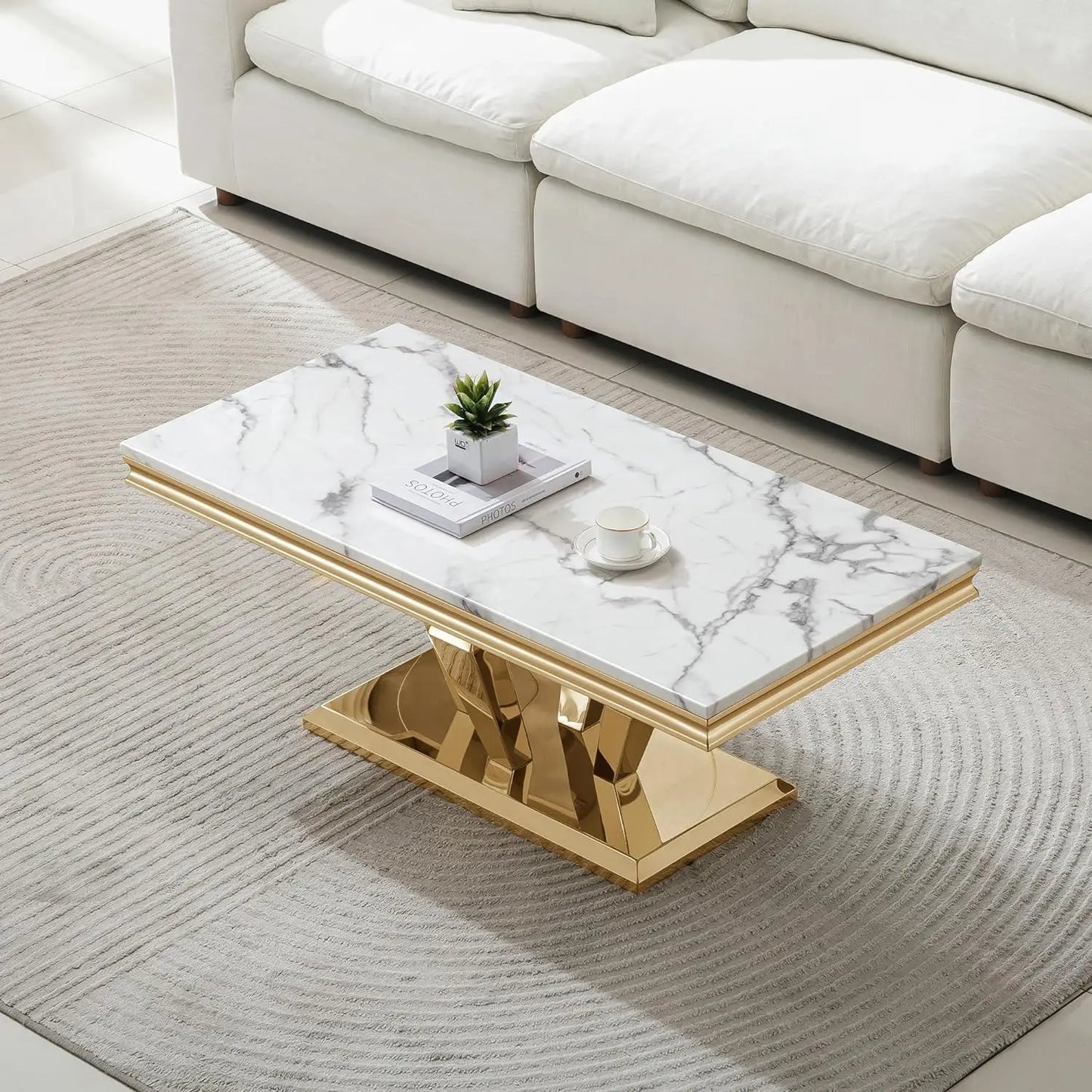 XMSJ White Marble Coffee Table With Stainless Steel Base