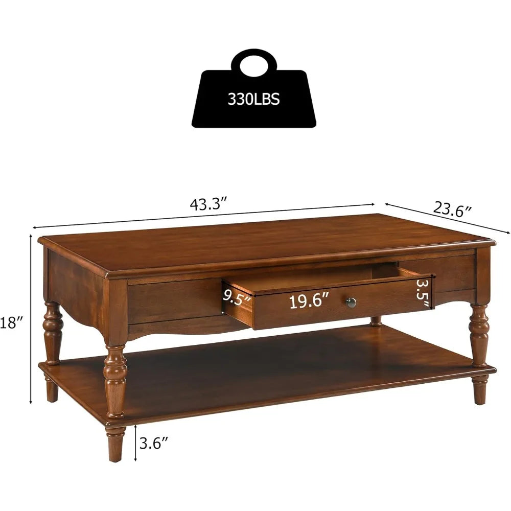 Mid Century Solid Wood Coffee Table With Storage Drawers