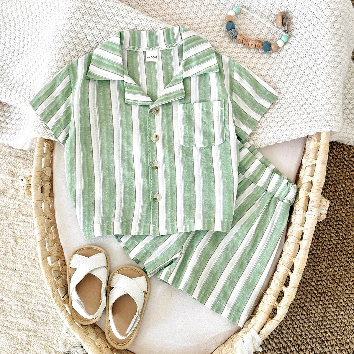 Newborn Baby Boys Girls Clothing Summer Set Green Stripe Buttoned Short Sleeved Lapel Shirt +Shorts Clothes 2Pcs Set