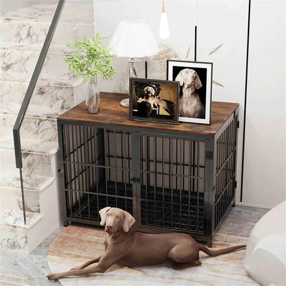 BORWARTH Large Wooden Dog Crate End Table Kennel With Doors