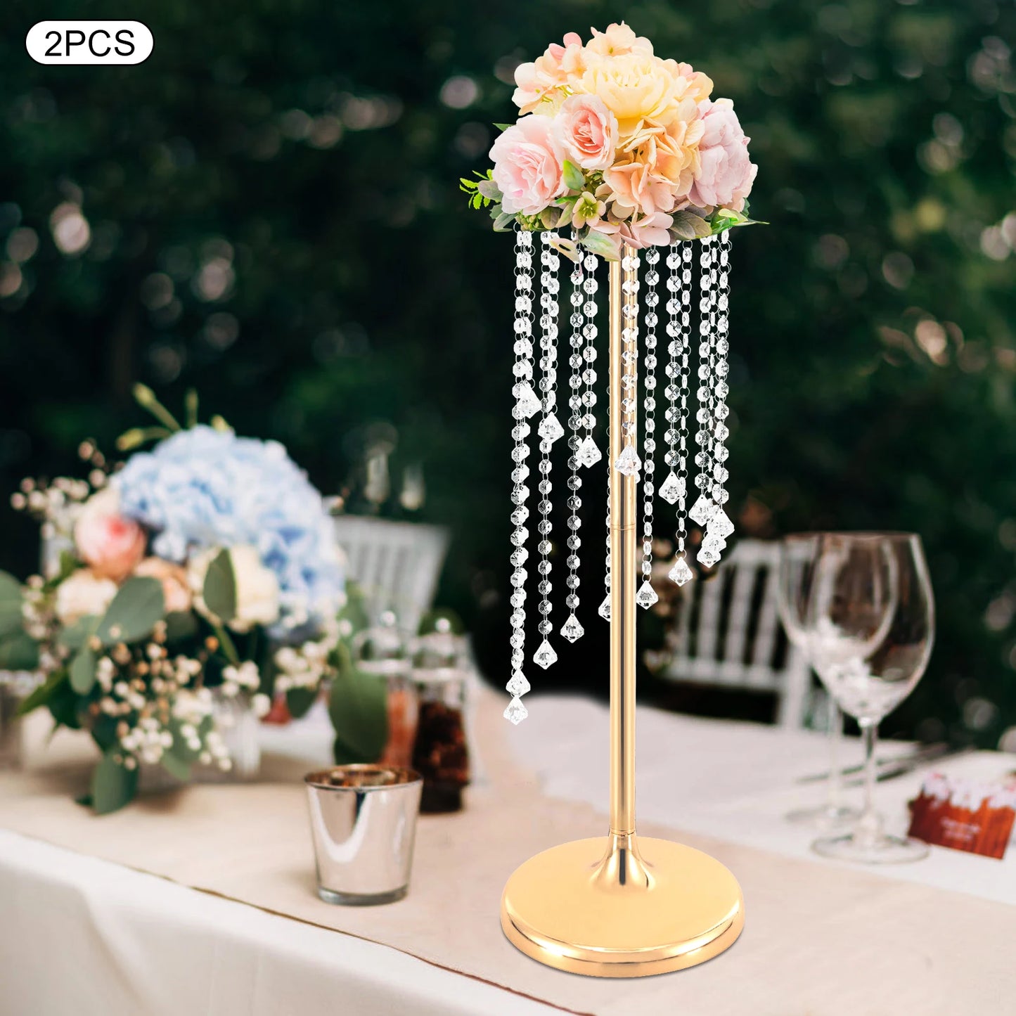 [2 Pcs Wedding Centerpieces Gold Vases] 2 Pcs 28inch Tall Metal Crystal Flower Vase - Wedding Party Tables Decorations - Elegant