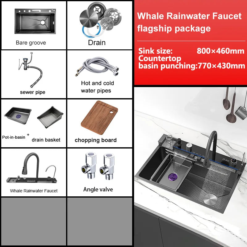 BusySink Stainless Steel Kitchen Sink With Waterfall Faucet