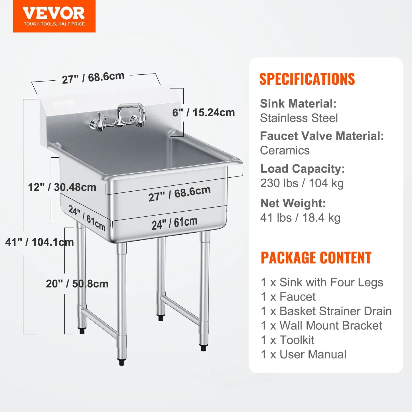 SucceBuy Stainless Steel Kitchen Prep And Utility Sink