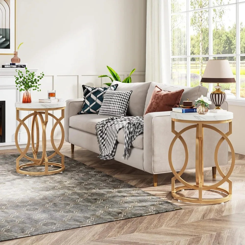 Modern Round End Table Set Of 2 Thick Tabletop Metal Base