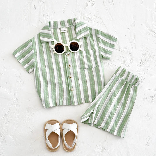 Newborn Baby Boys Girls Clothing Summer Set Green Stripe Buttoned Short Sleeved Lapel Shirt +Shorts Clothes 2Pcs Set