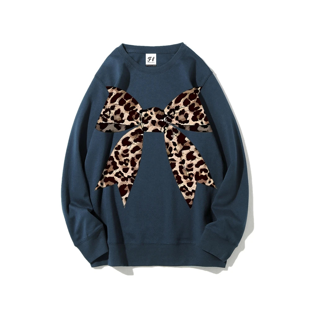 Leopard Bow Print Sweatshirts For Women Round Neck Hoodie