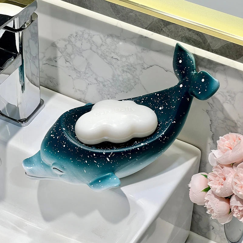 Dolphin Ceramic Drain Soap Box For Bathroom Sink Organizer