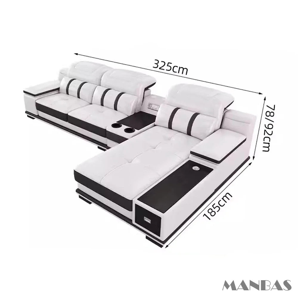 MANBAS Genuine Leather Sofa With Bluetooth USB Headrests