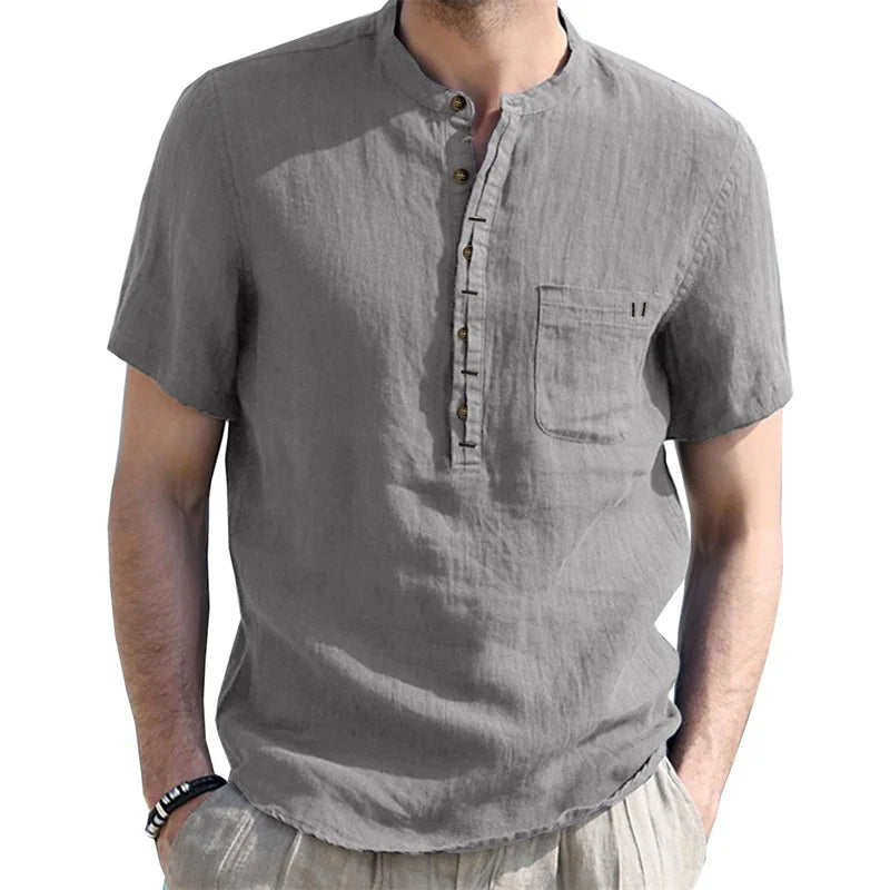 CN Guangdong Mens Linen Henley ShortSleeve Breathable Shirt