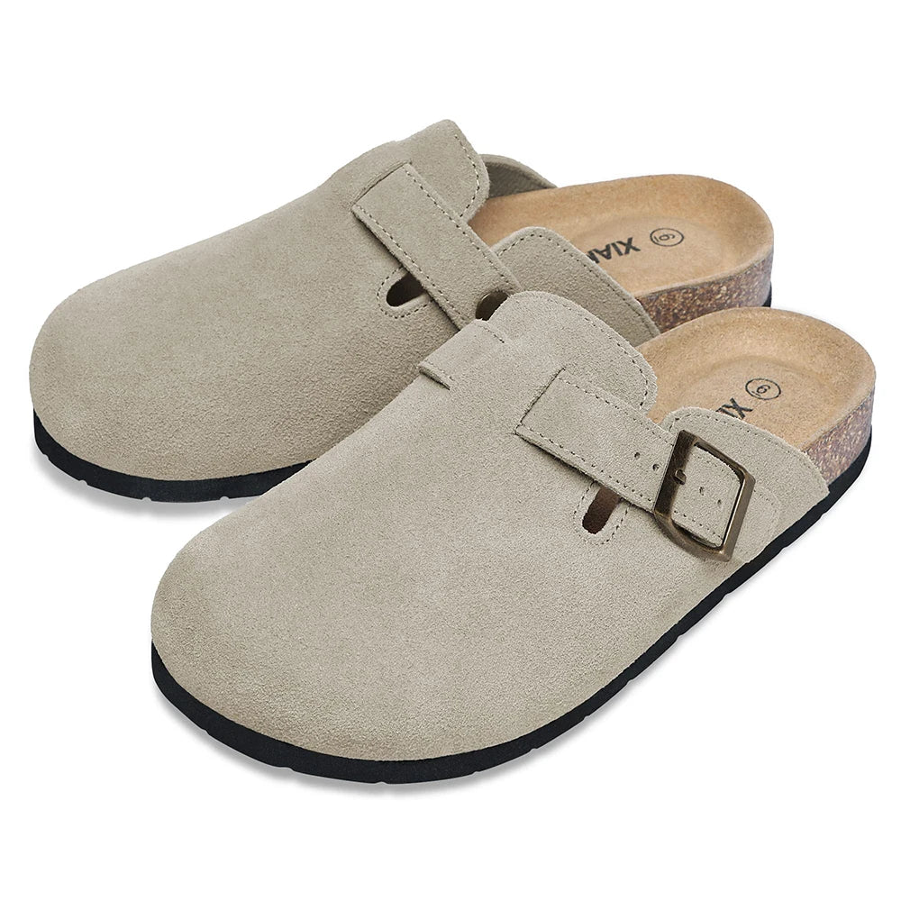 Women's Suede Clogs Adjustable Buckle Slip Casual Footbed