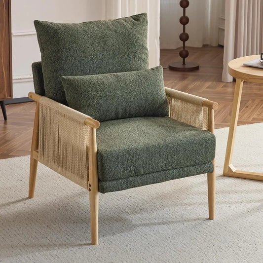 Cozy Chenille Accent Chair With Pillow And Rattan Arms
