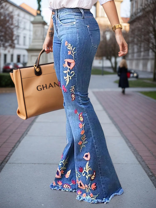 Sui Women's High Waisted Floral Denim Flare Jeans Style