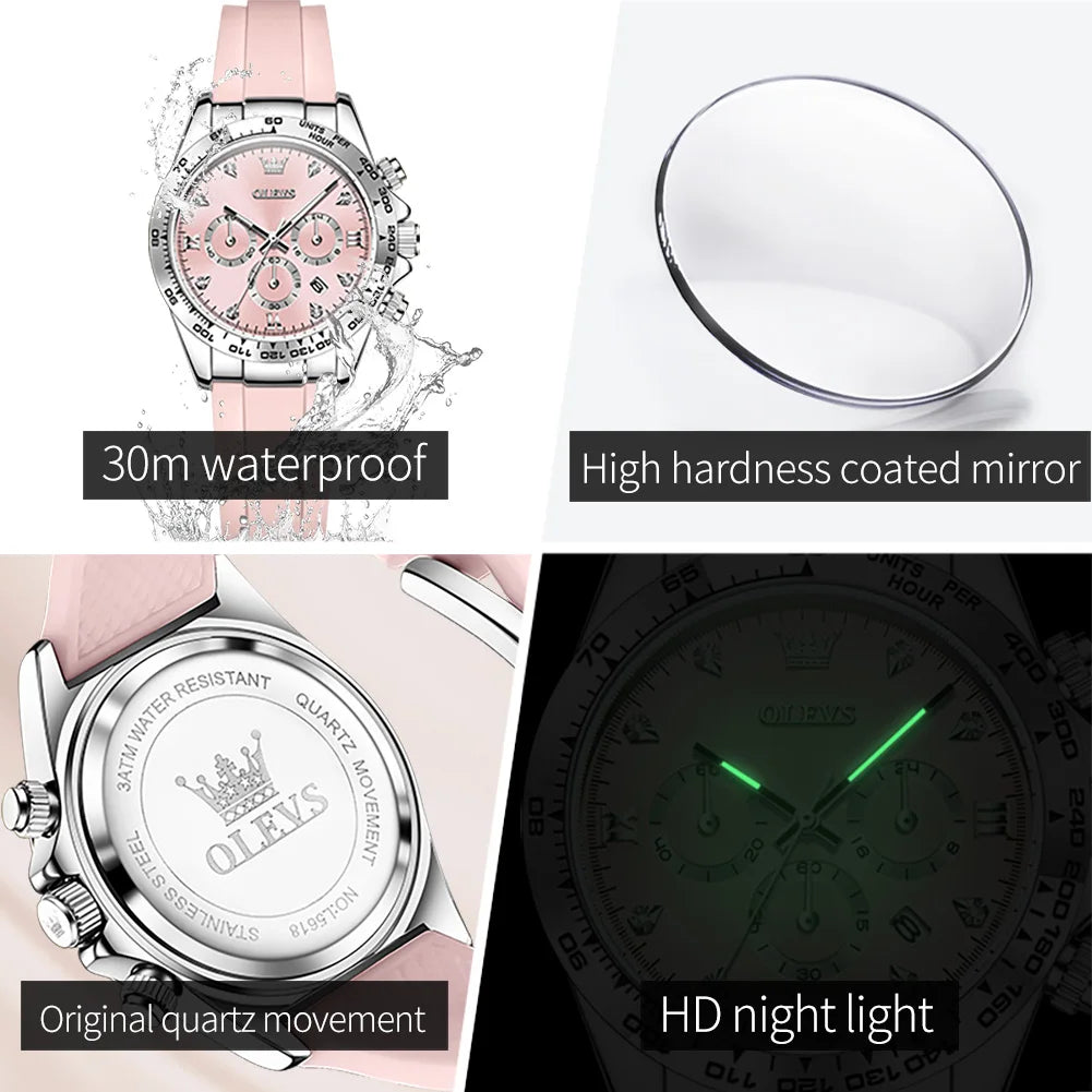 OLEVS Womens Quartz Chronograph Calendar Watch Silicone