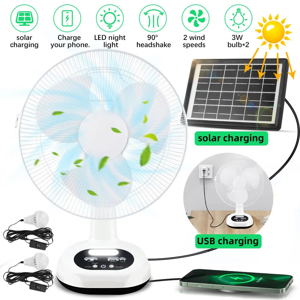 Moowarlt Solar Rechargeable Portable Fan With LED Light