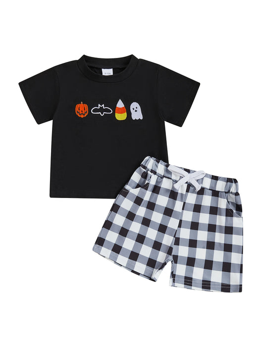Guangdong Boys Halloween Embroidered Plaid Shorts Outfit