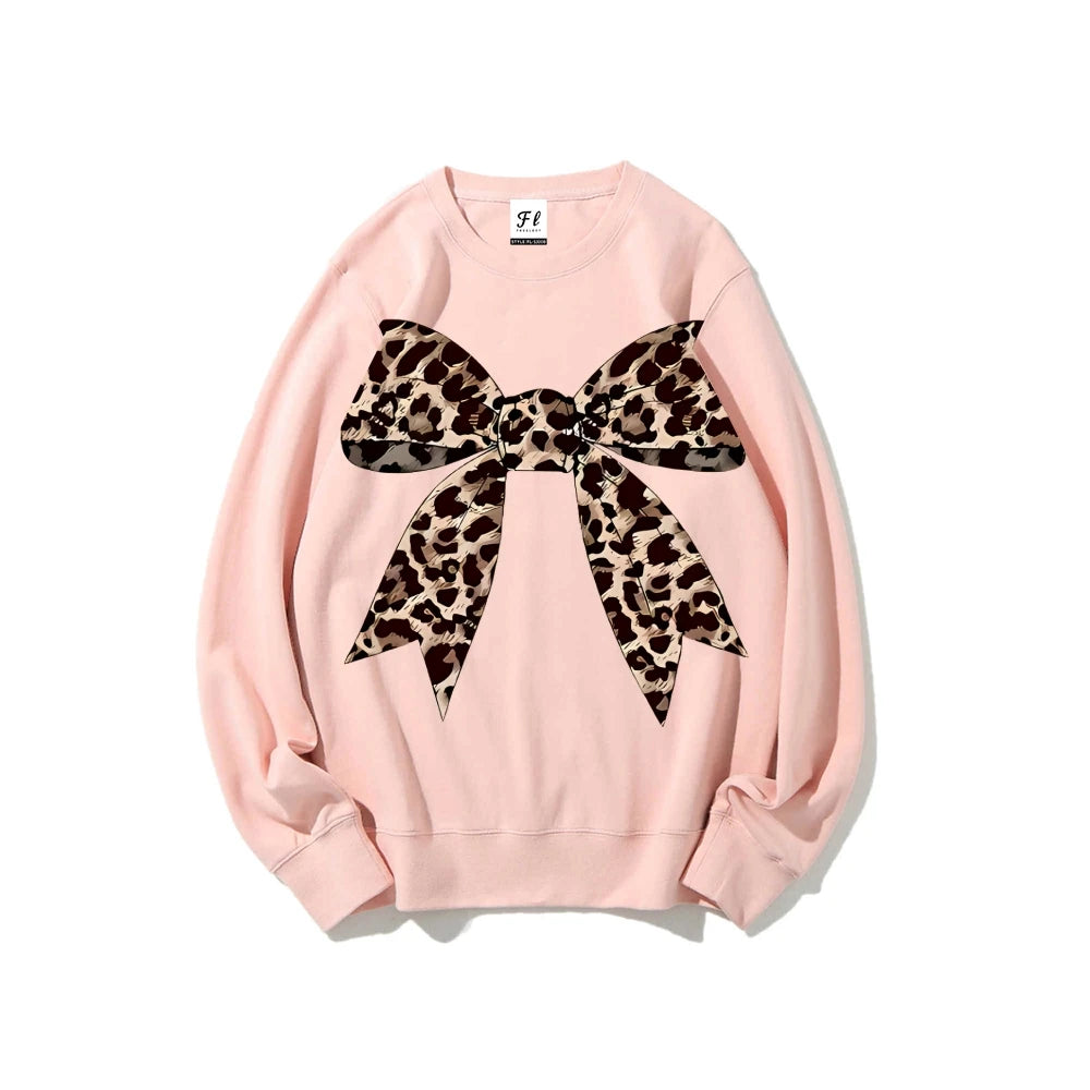 Leopard Bow Print Sweatshirts For Women Round Neck Hoodie