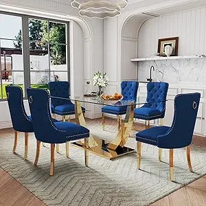 AMHDDT 7 Piece Modern Glass Dining Set With Elegant Chairs