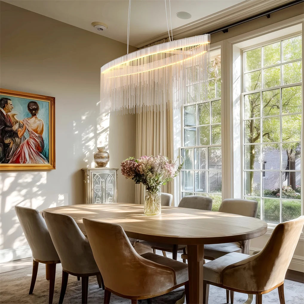 Modern Crystal Chandelier Dining Room Pendant Ceiling Light Fixture,Dimmable LED Chandelier Light with Tassel Chain for Home Dec