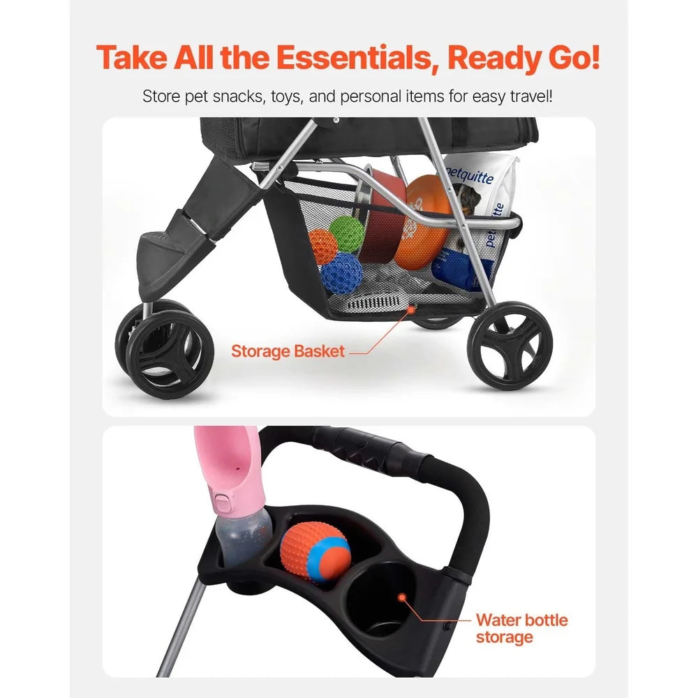 XMSJ Collapsible Pet Stroller Tri-Wheel Mesh Windows