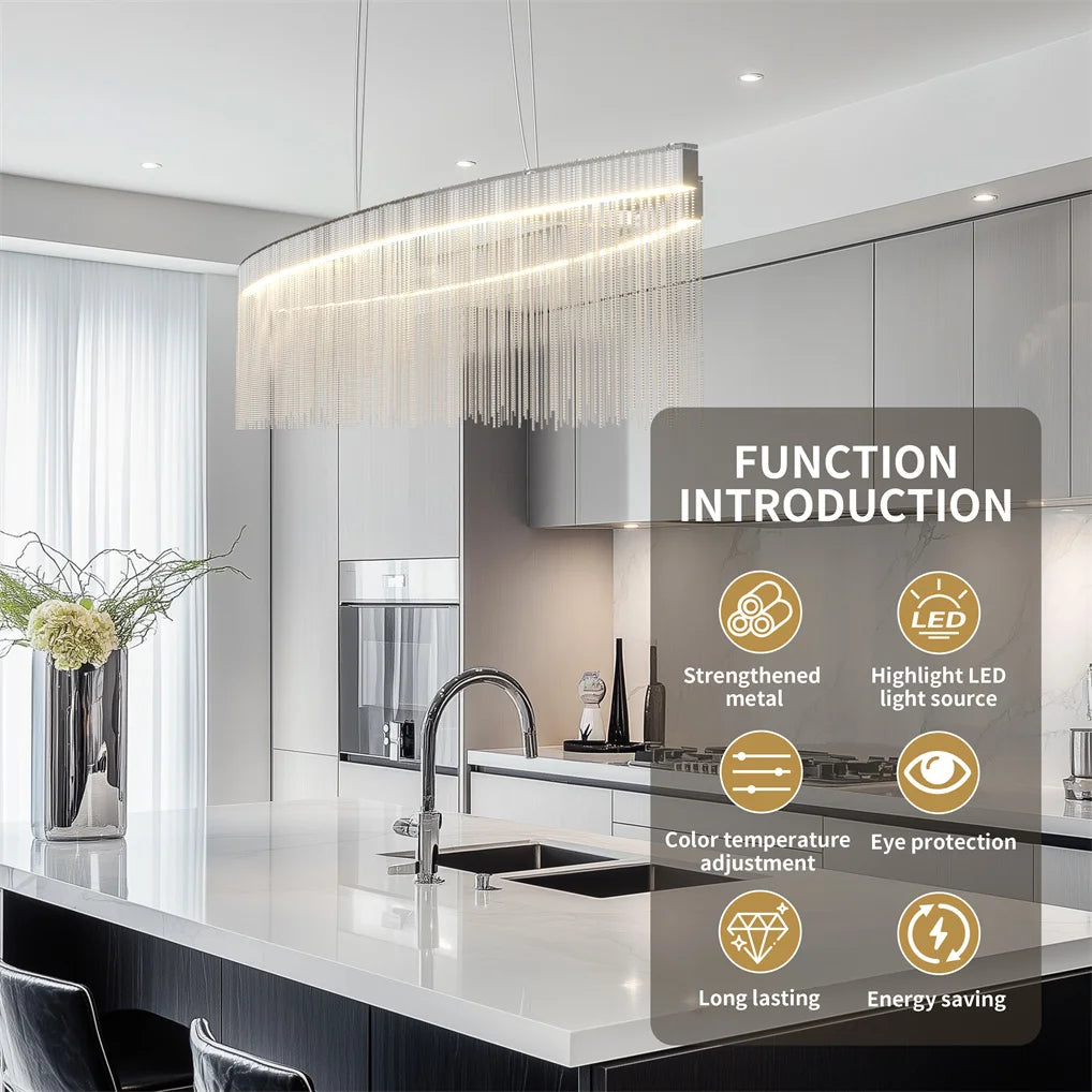 Modern Crystal Chandelier Dining Room Pendant Ceiling Light Fixture,Dimmable LED Chandelier Light with Tassel Chain for Home Dec