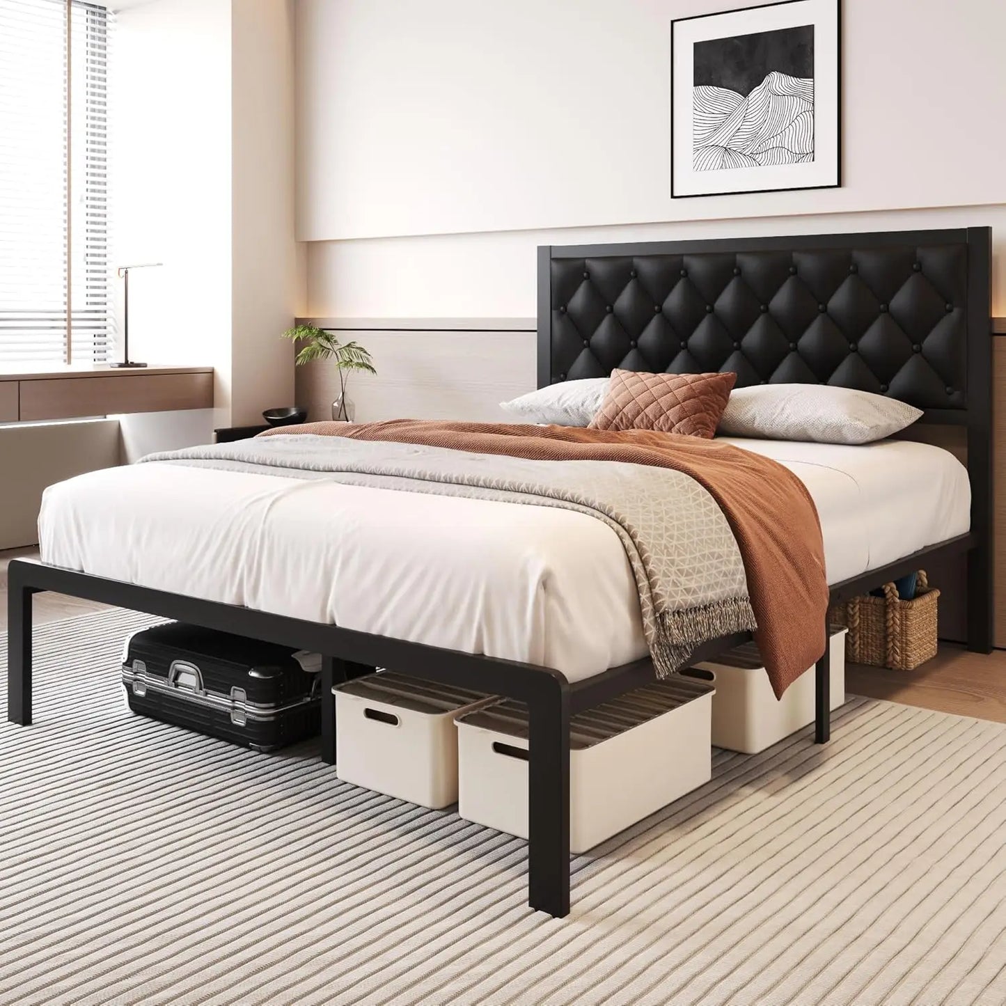 XMSJH Queen Bed Frame With PU Leather Upholstered Headboard