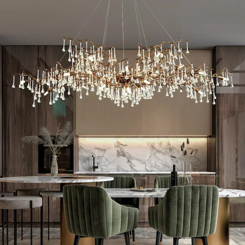 Raindrop Crystal Chandelier With Gold Tree Branch Design