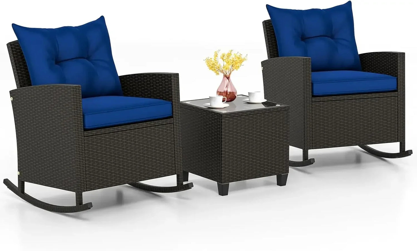 ANGDUO Wicker Patio Rocking Bistro Set With Glass Table