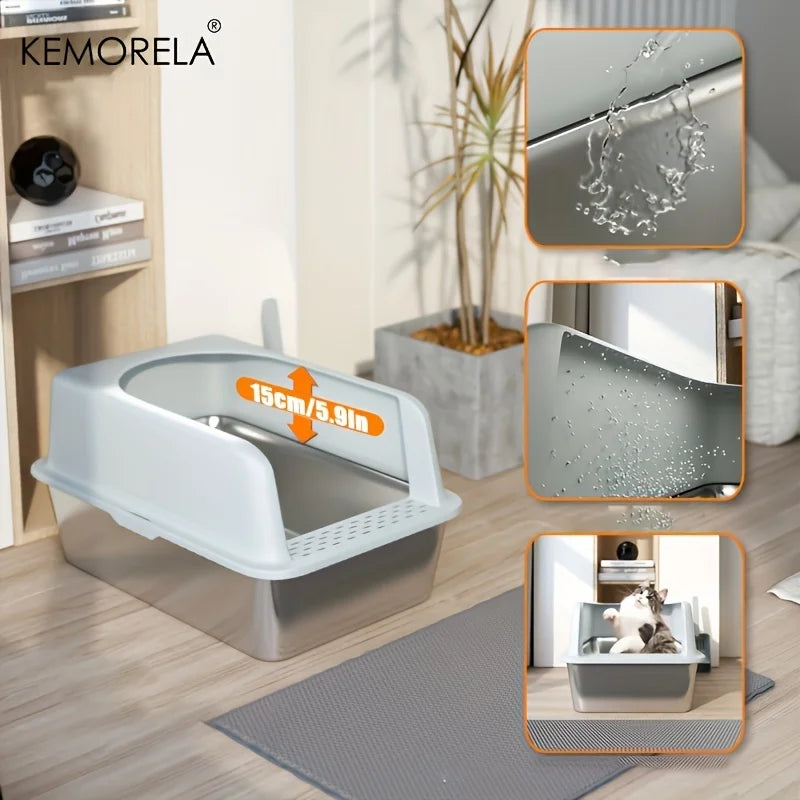 Stainless Steel Closed Cat Litter Box With Mat And Spade