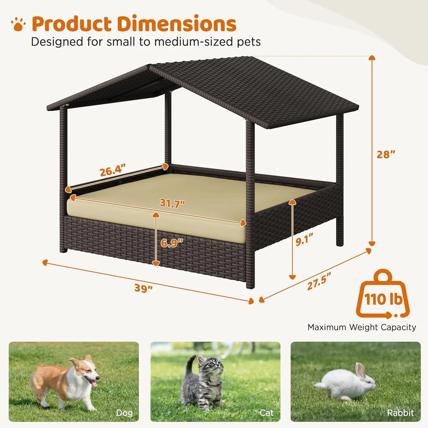 XMSJH Wicker Dog House With Canopy For Small Medium Dogs