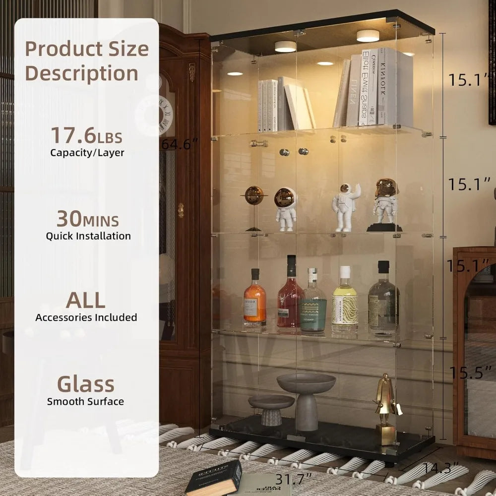 XUYUAN Glass Display Cabinet With Light 4 Shelves 2 Doors