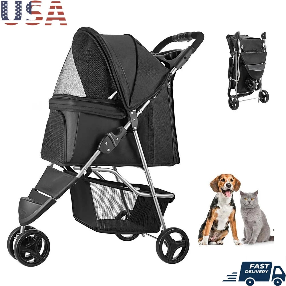 XMSJ Collapsible Pet Stroller Tri-Wheel Mesh Windows