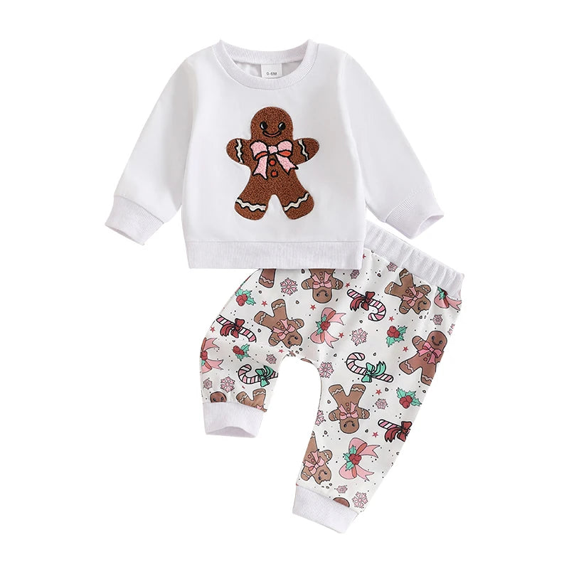 Pudcoco Toddler Christmas Embroidered Gingerbread Man Set