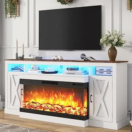Farmhouse TV Stand With Glass Fireplace And LED Light