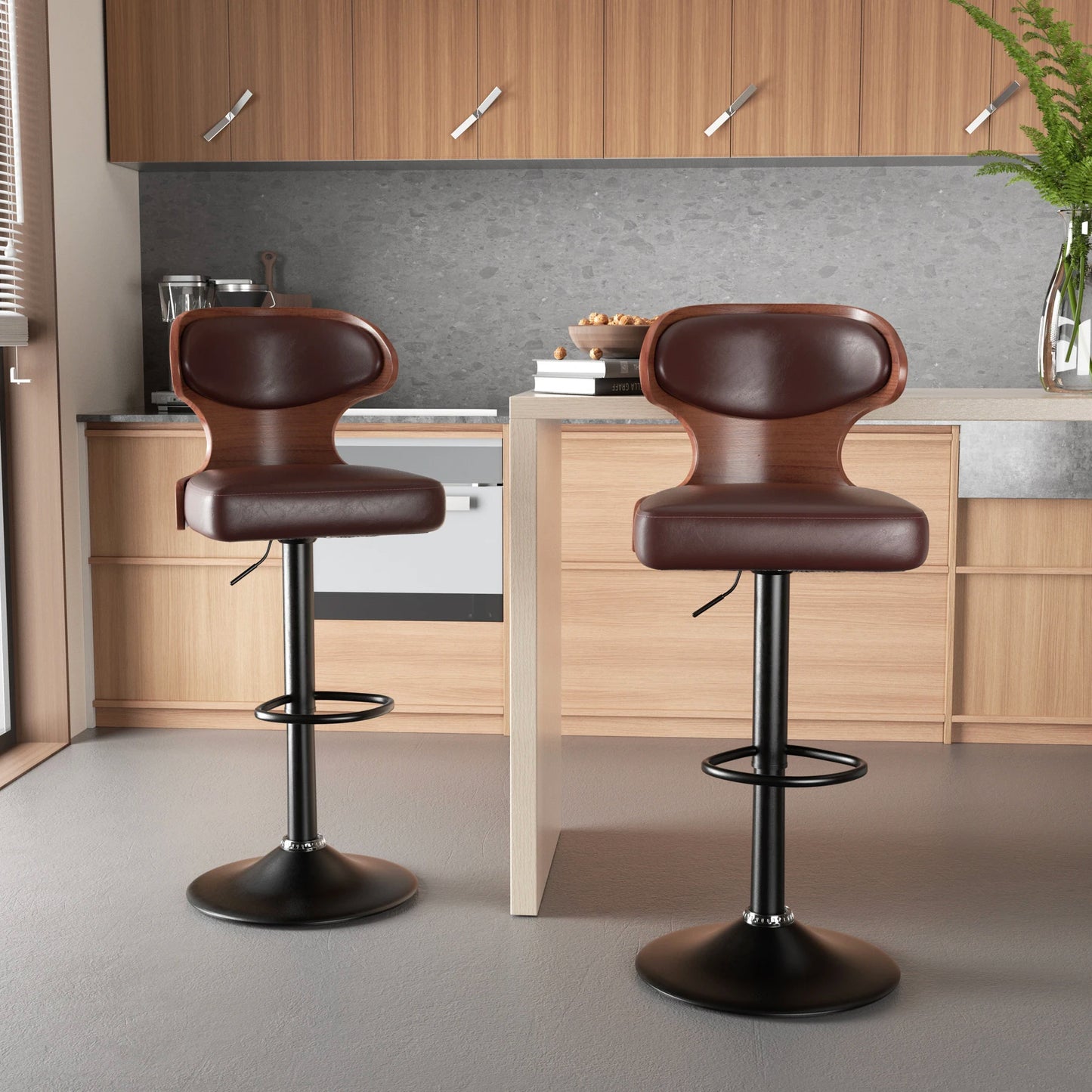 Nalupatio Bar Stool Set 2Pcs Backrest Swivel PU Leather