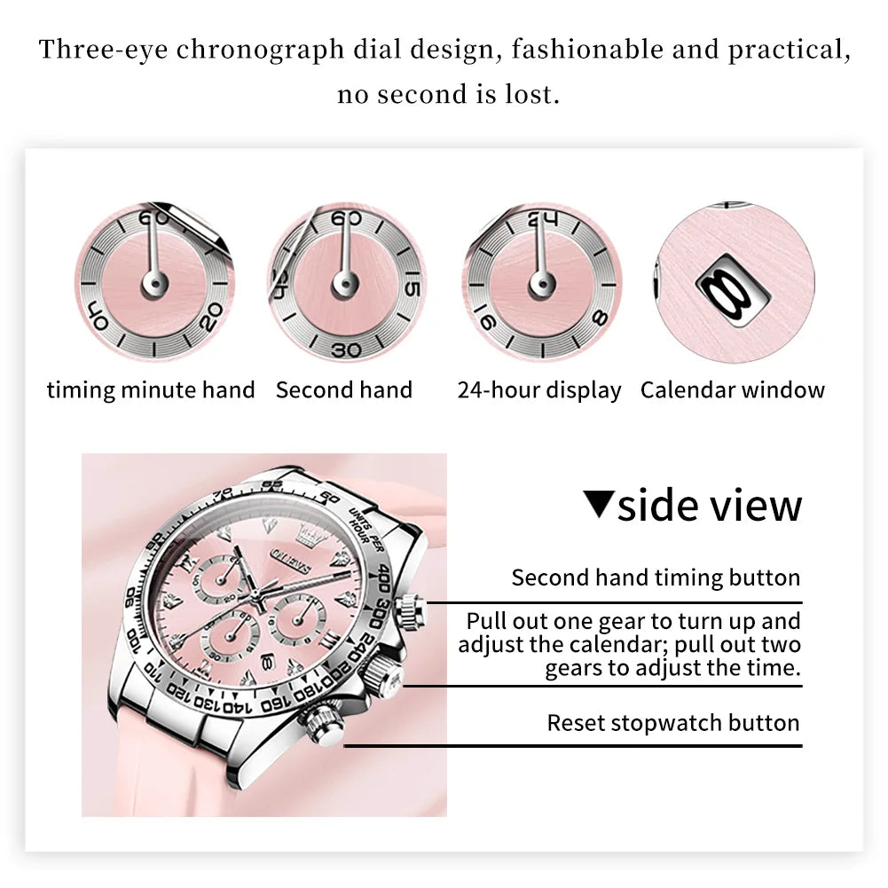 Olevs Women Quartz Chronograph Watch Silicone Waterproof