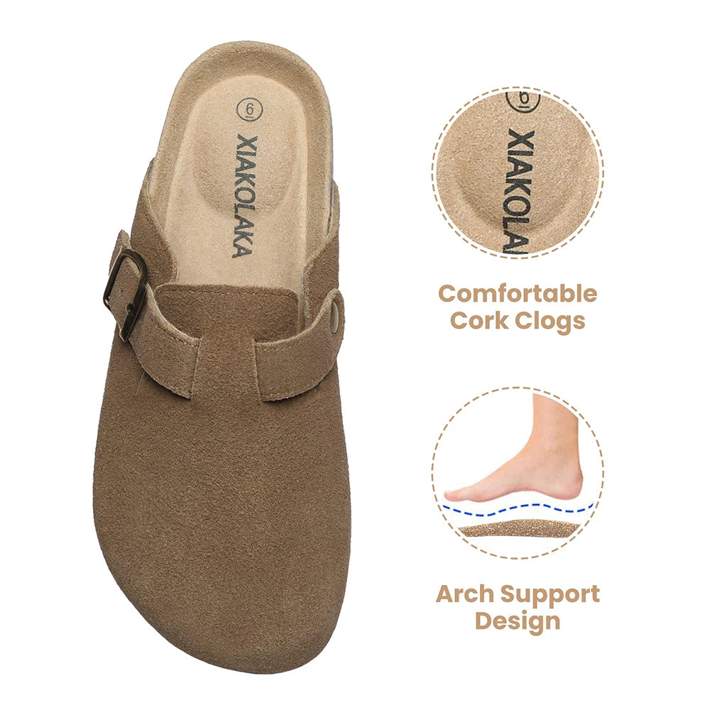 Women's Suede Clogs Adjustable Buckle Slip Casual Footbed