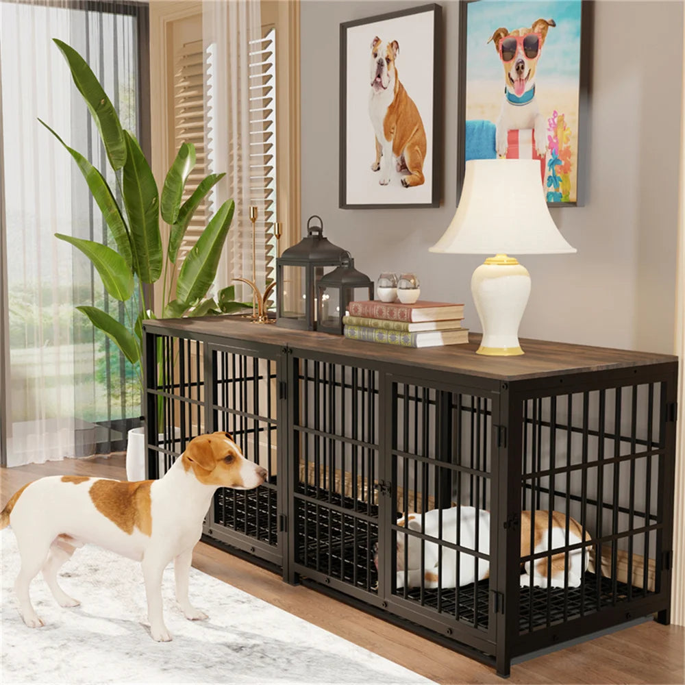 BORWARTH Large Wooden Dog Crate End Table Kennel With Doors