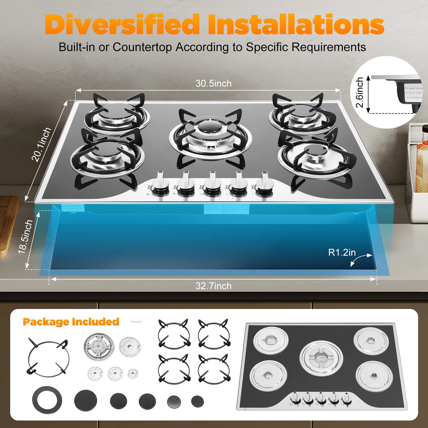 Sweetmile 5 Burner Gas Stove Glass Hob Cooktop LPG NG
