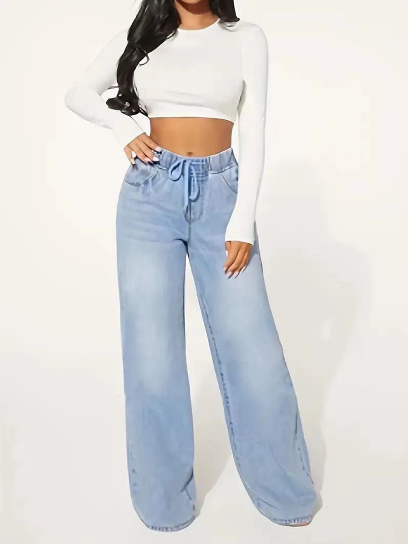 Guangdong Women Jeans Drawstring Straight Leg Denim