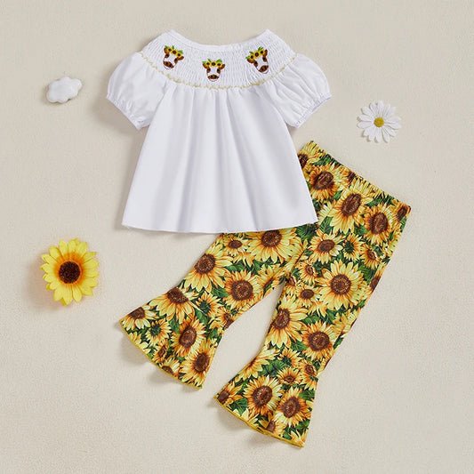 Guangdong Toddler Girl Summer Smocked Top And Flare Pants
