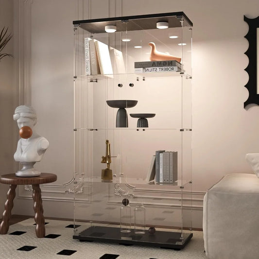 XUYUAN Glass Display Cabinet With Light 4 Shelves 2 Doors