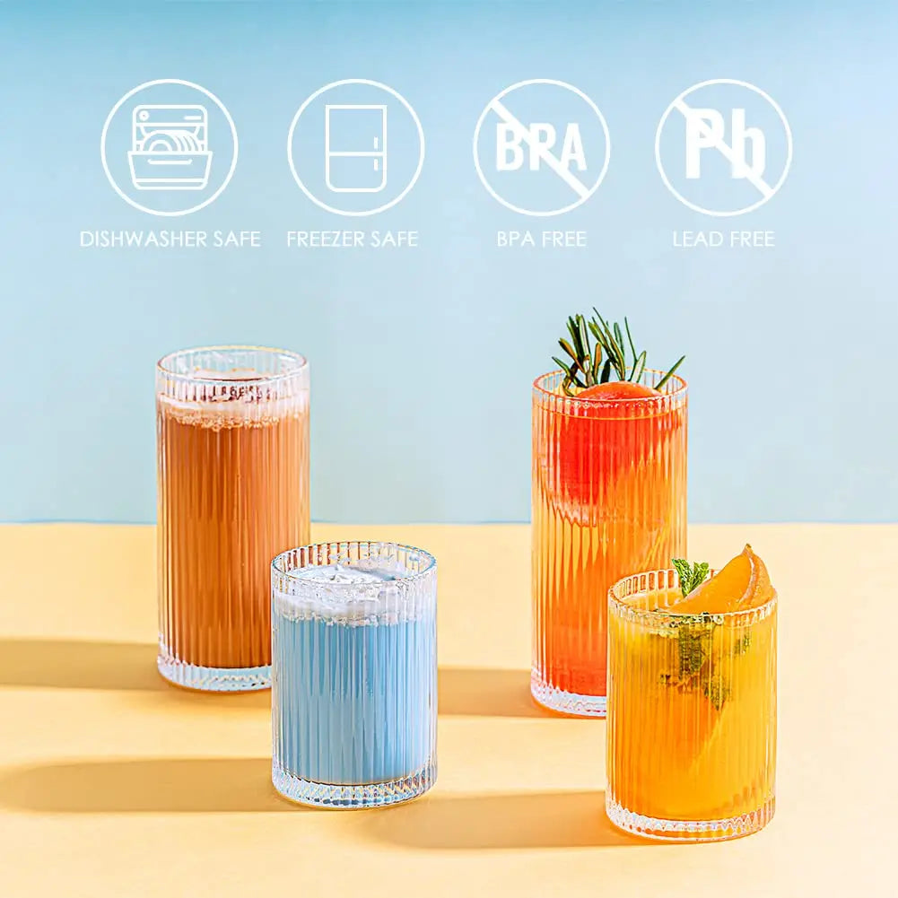 KEMORELA Ribbed Glass Cup Set 8 Piece Glassware Collection