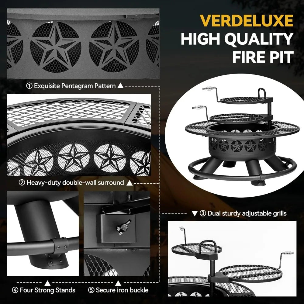 Outdoor Fire Pit With Grills 3 In 1 Round Metal BBQ