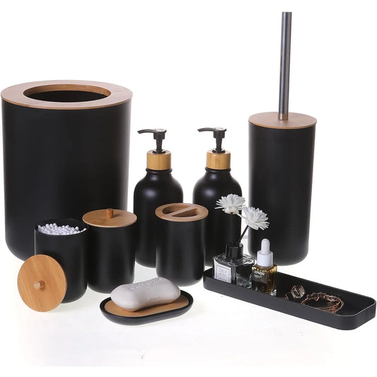 Bamboo Bathroom Accessory Set Nine Piece With Accents