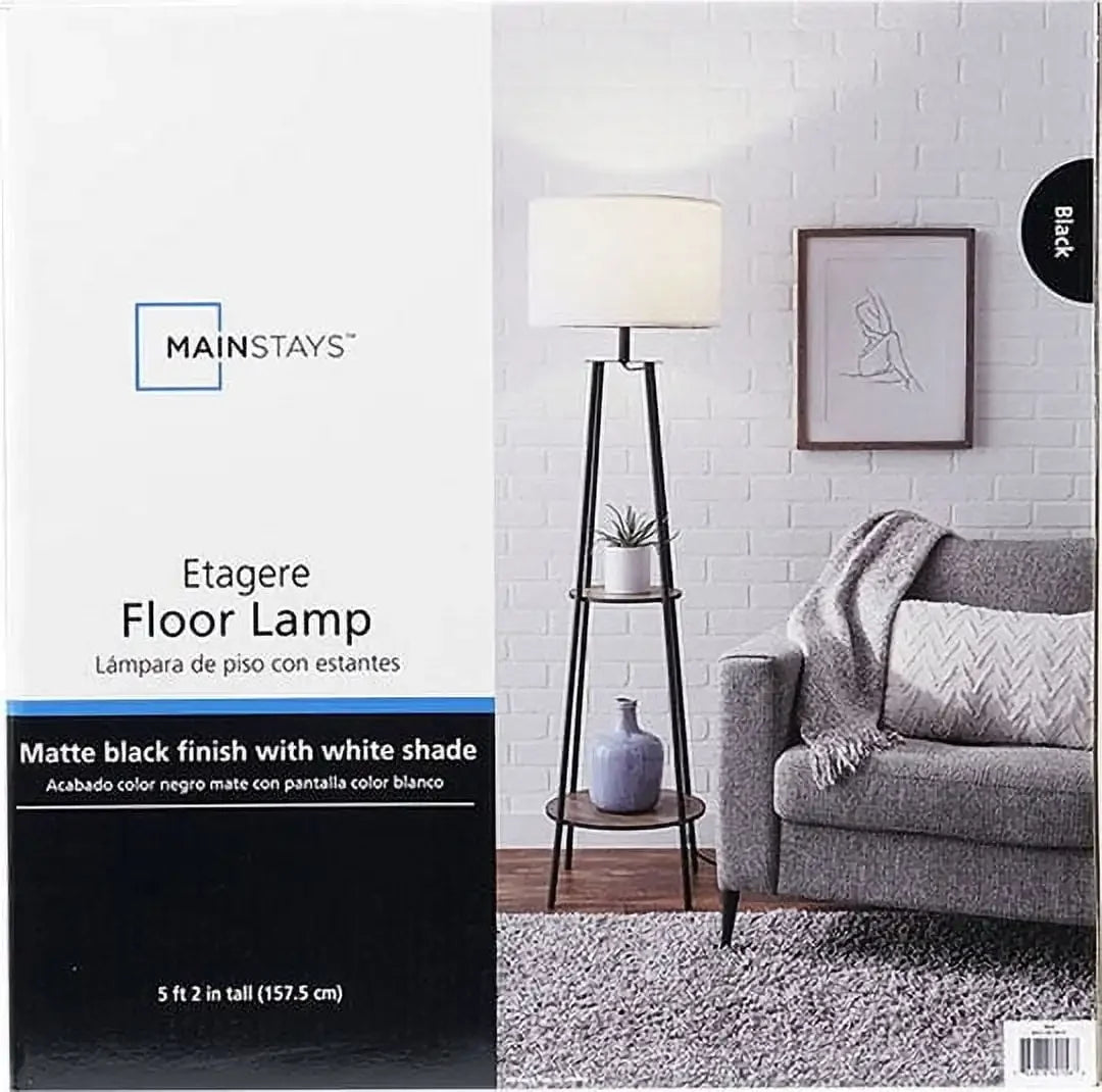 XMSJ Etagere 62 Inch Matte Black Floor Lamp 2 Shelves