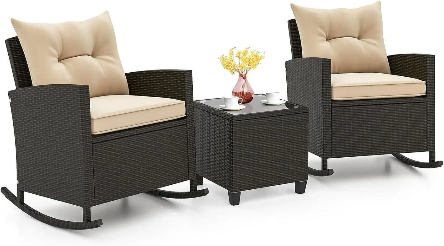 ANGDUO Wicker Patio Rocking Bistro Set With Glass Table