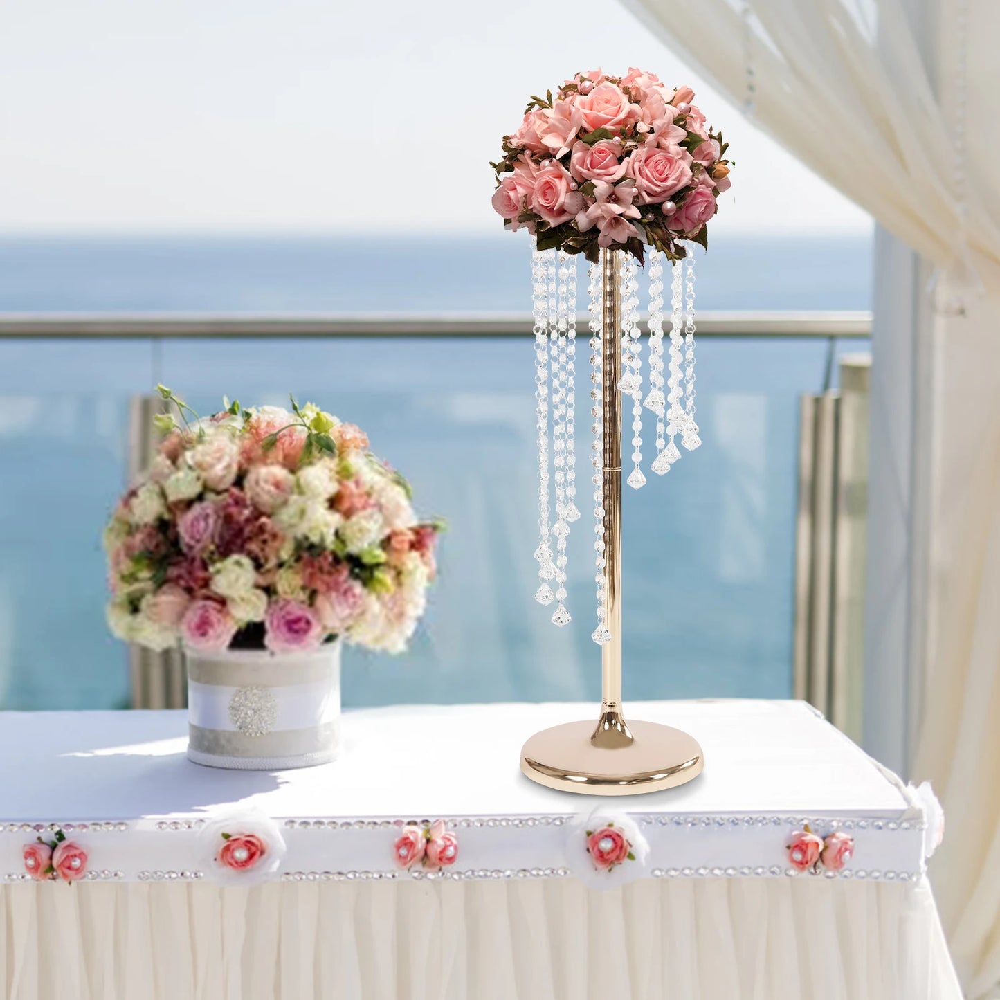 [2 Pcs Wedding Centerpieces Gold Vases] 2 Pcs 28inch Tall Metal Crystal Flower Vase - Wedding Party Tables Decorations - Elegant
