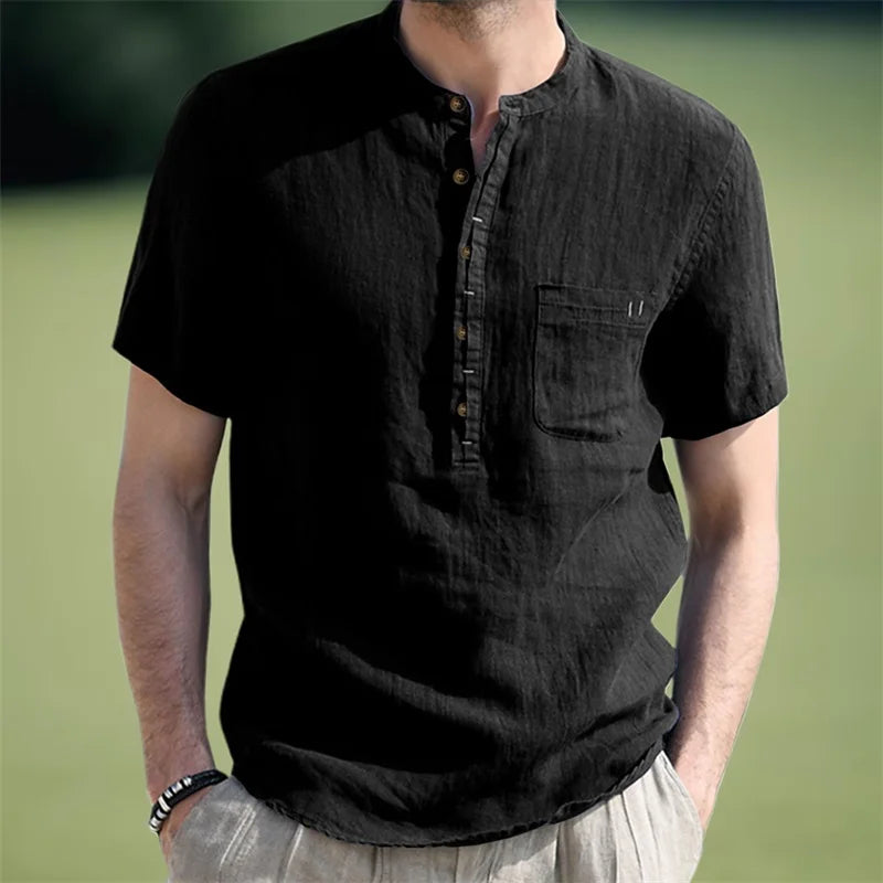 CN Guangdong Mens Linen Henley ShortSleeve Breathable Shirt